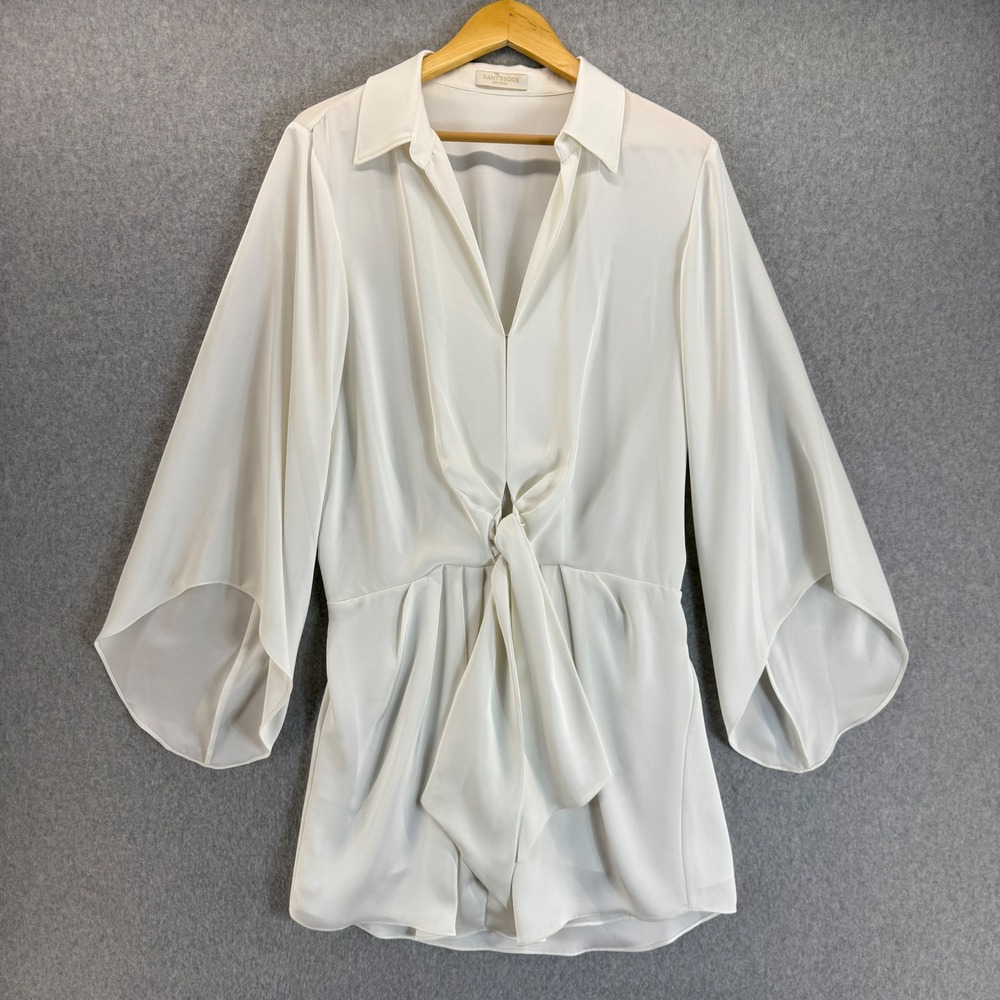 Ramy Brook Penny Bell Sleeve Mini Dress White Tie Front LS Collar Womens Size L?